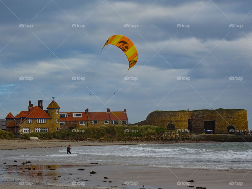 Kite surfer on Beadnell Bay Northumberland