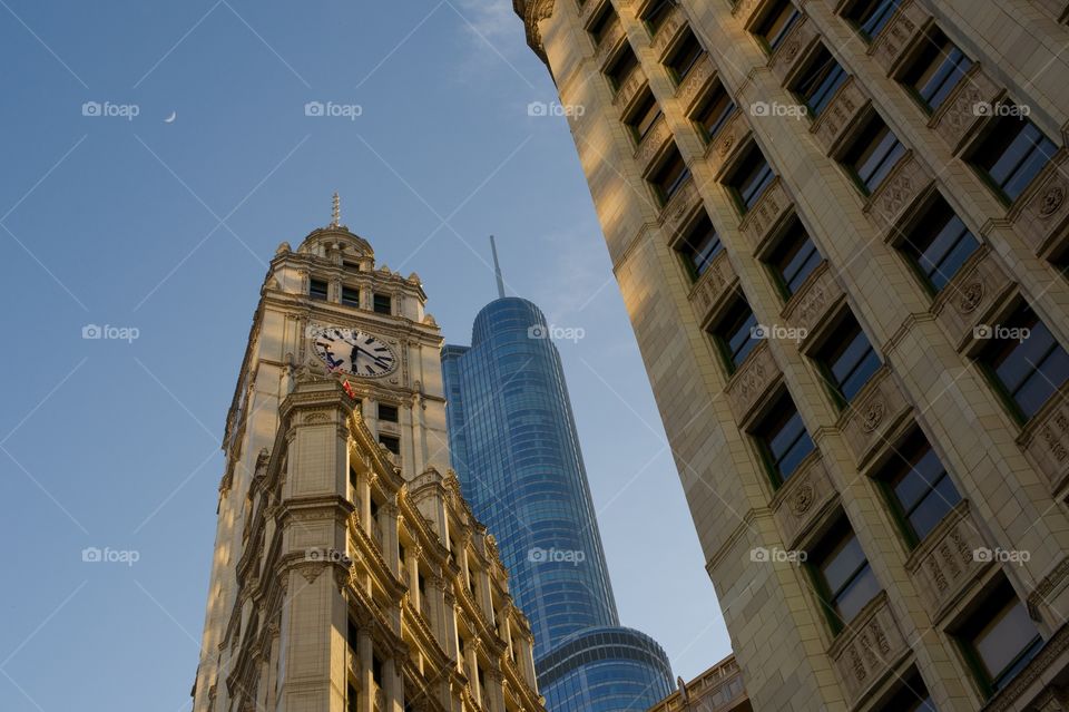  Wrigley Tower, Chicago, USA.. Shot of the famous Wrigley Tower taken from the street level looking up. 