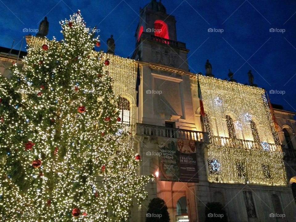 Major building view Padua italy with tree and Christmas decorations