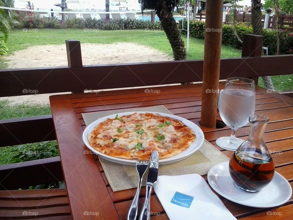 Outdoor Pizza lunch . at a resort hotel