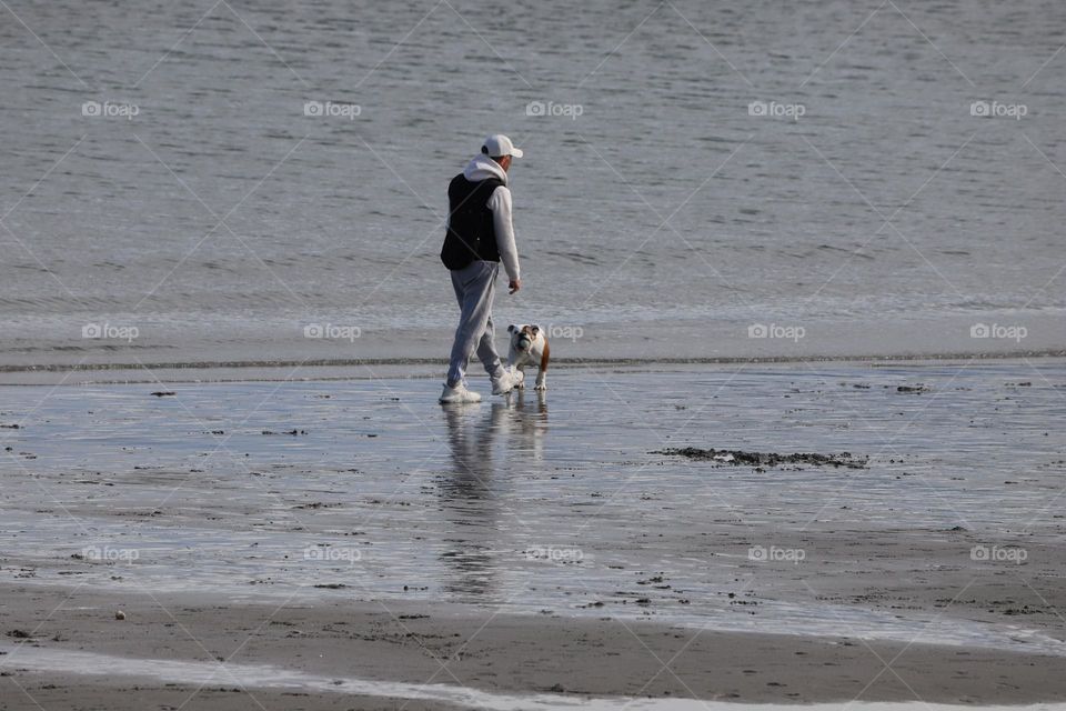 Man and his dog walking on a beach