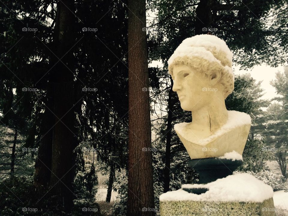 A snow covered statue