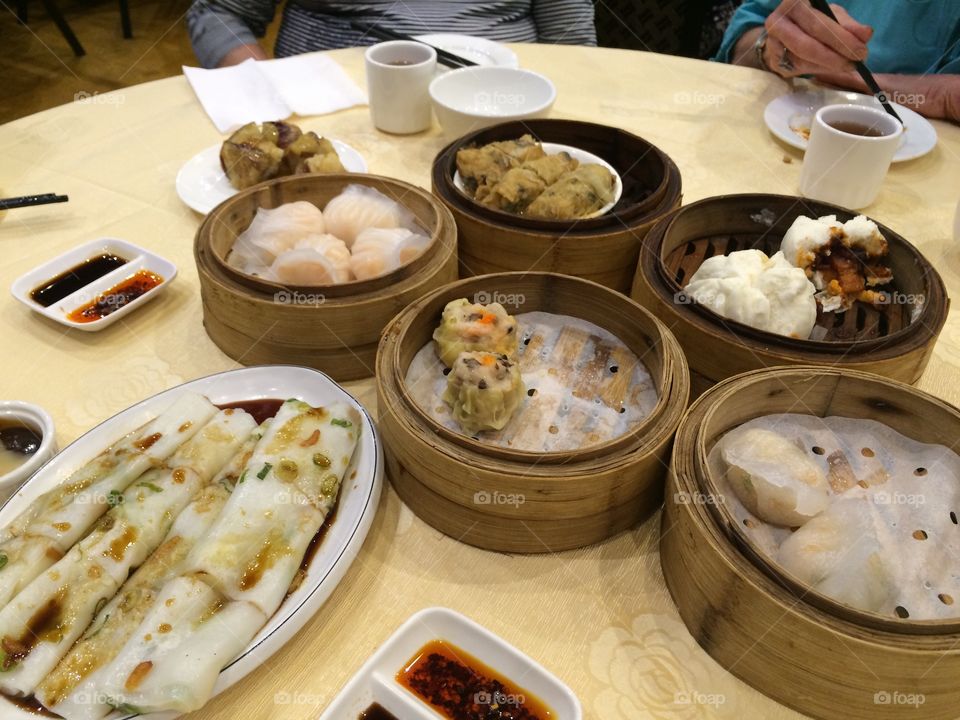 High angle view of dim sum in a table