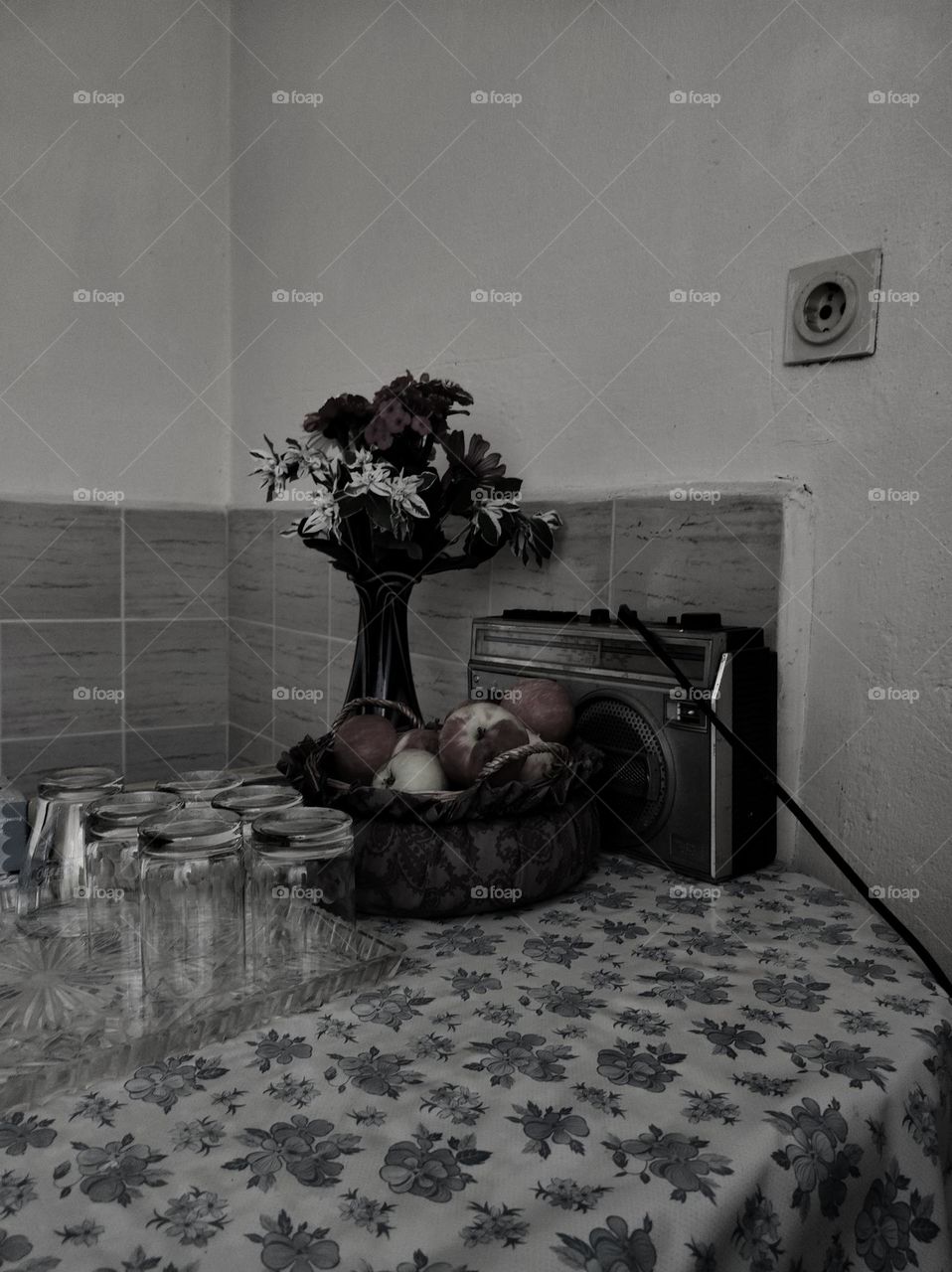 Old house photo in black and white / beautiful vintage table at grandma's house / Black and white photography