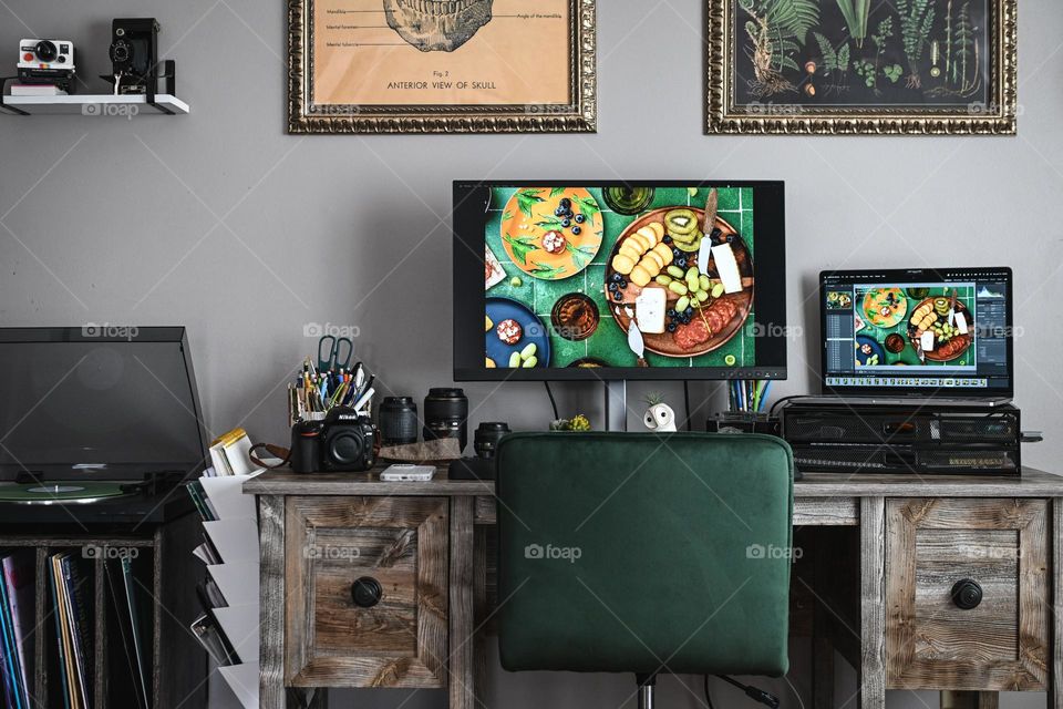 Photographer’s home desk area and work space 