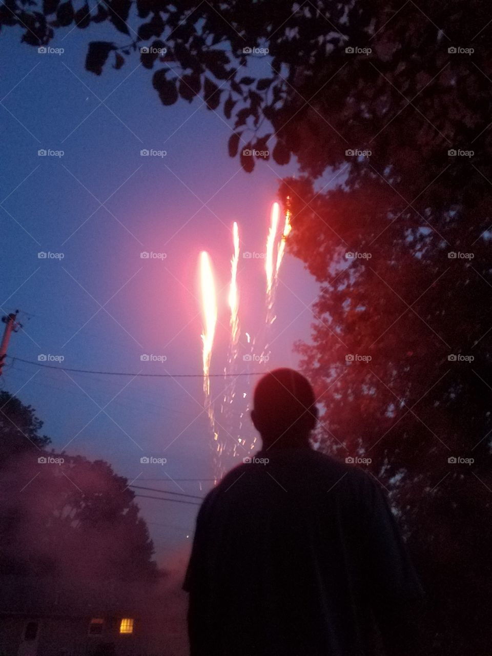 4th of July red firework photo with silhouette