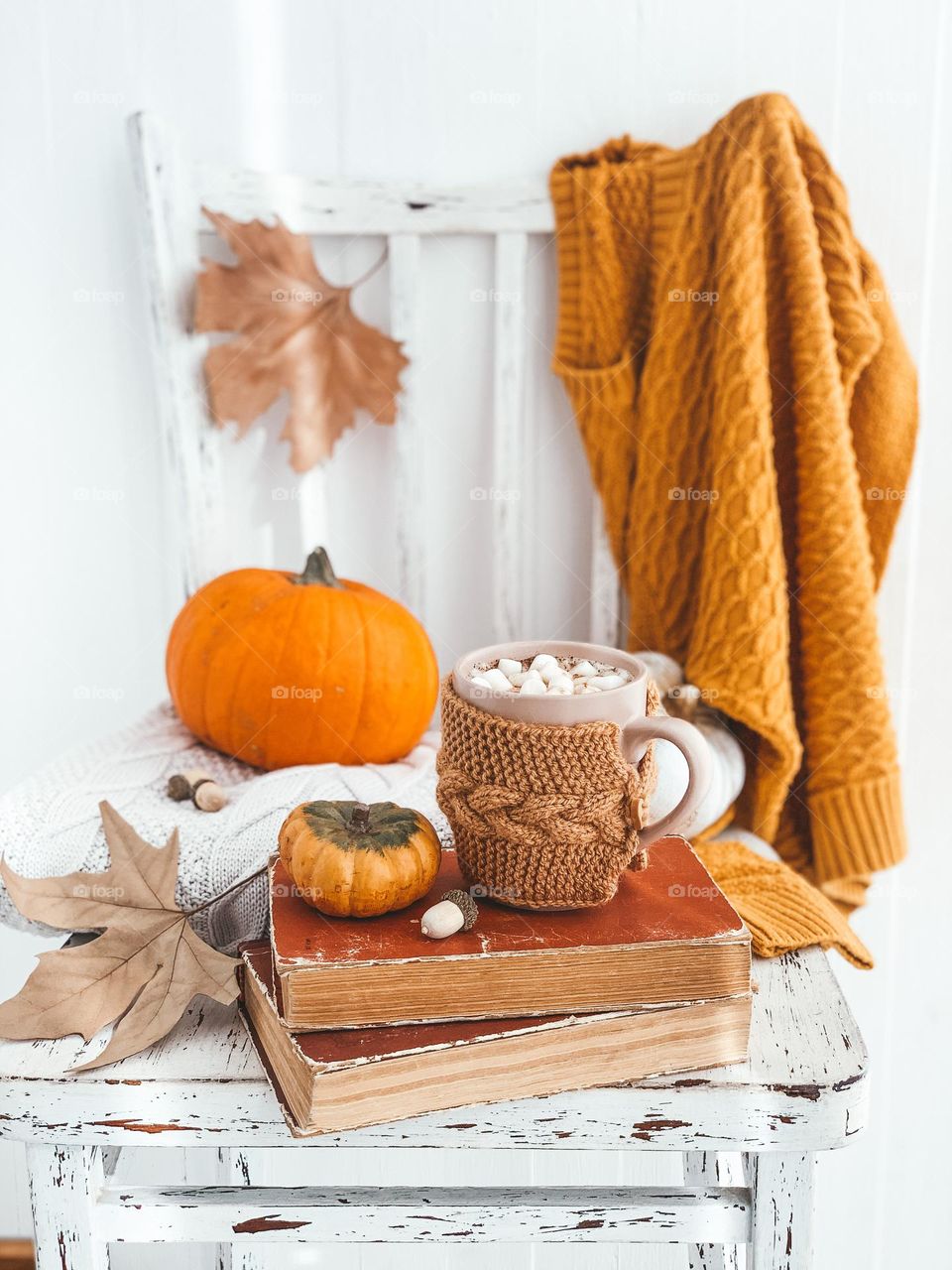 Autumn photography. Tea of coffee with book