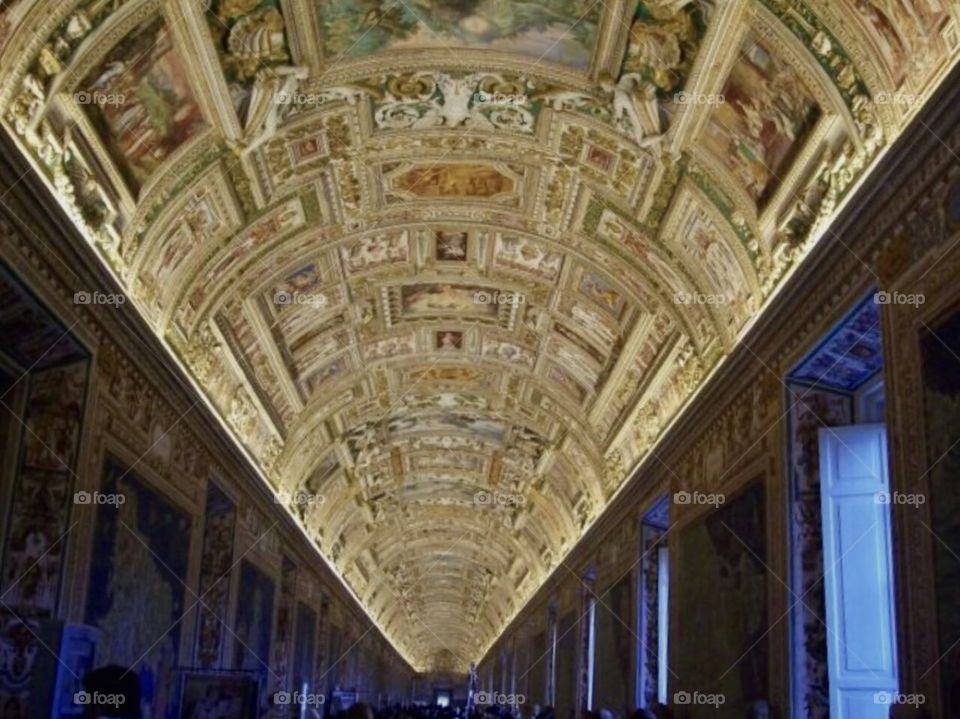 Original photo of ceiling & frescos in Vatican Museum headed down the Gallery of Maps to the Sistine Chapel. Candid shot that happened to be too beautiful to imagine. Commissioned in 1580 & took Ignazio Danti 3 yrs to complete 40 panels of 120m.