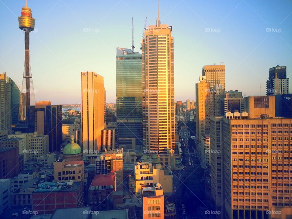 Sydney CBD city view. Sunset on the buildings which makes it a nice vintage vibe