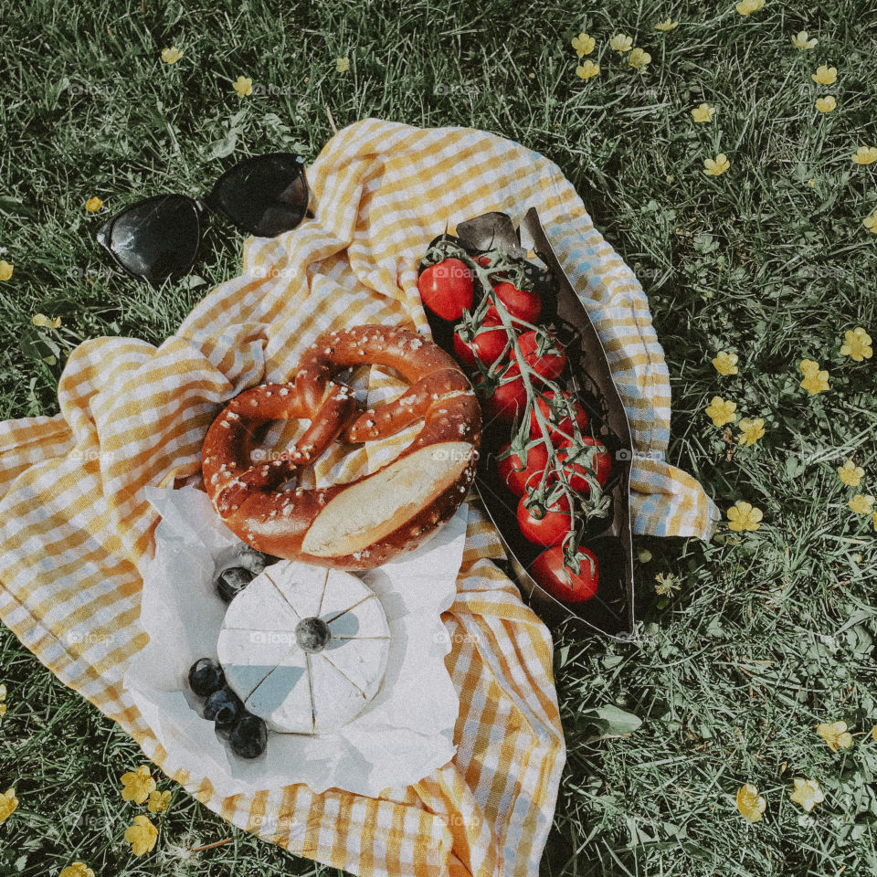 Picnic with cheese and tomatoes 