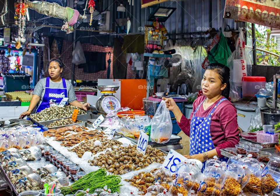 fresh caught Seafood for Sale at a Thai Street Fish Market in Thailand Southeast Asia