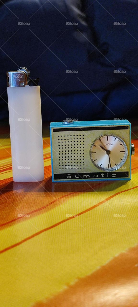 tiny clock radio, clock, blue, tiny