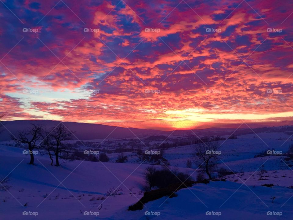 Red Sky. Sunset in the winter