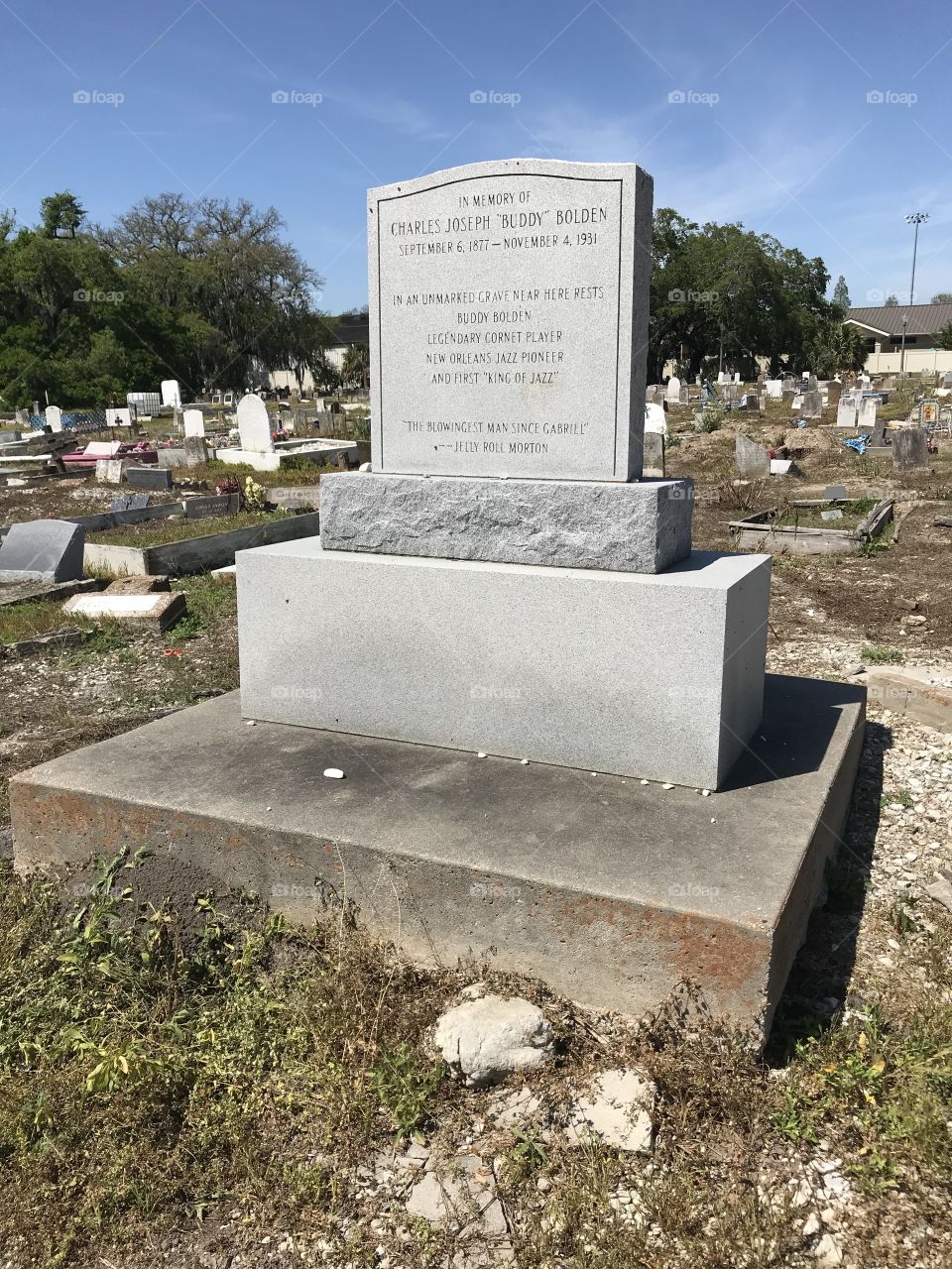 Jazz pioneer Buddy Bolden’s gravestone. Holt Cemetery, New Orleans Louisiana. Holt Cemetery is the historically “black cemetery”. The unmarked, shallow graves & makeshift headstones at Holt Cemetery contrast with the elaborate mausoleums for whites