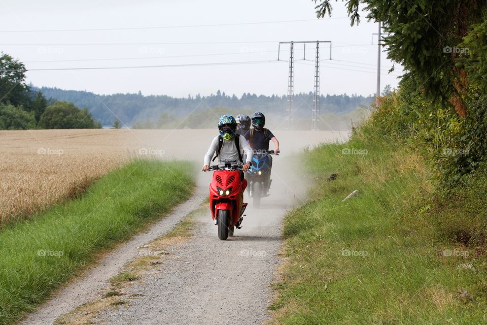 Harvesting . Boys on mopeds in wheat field 