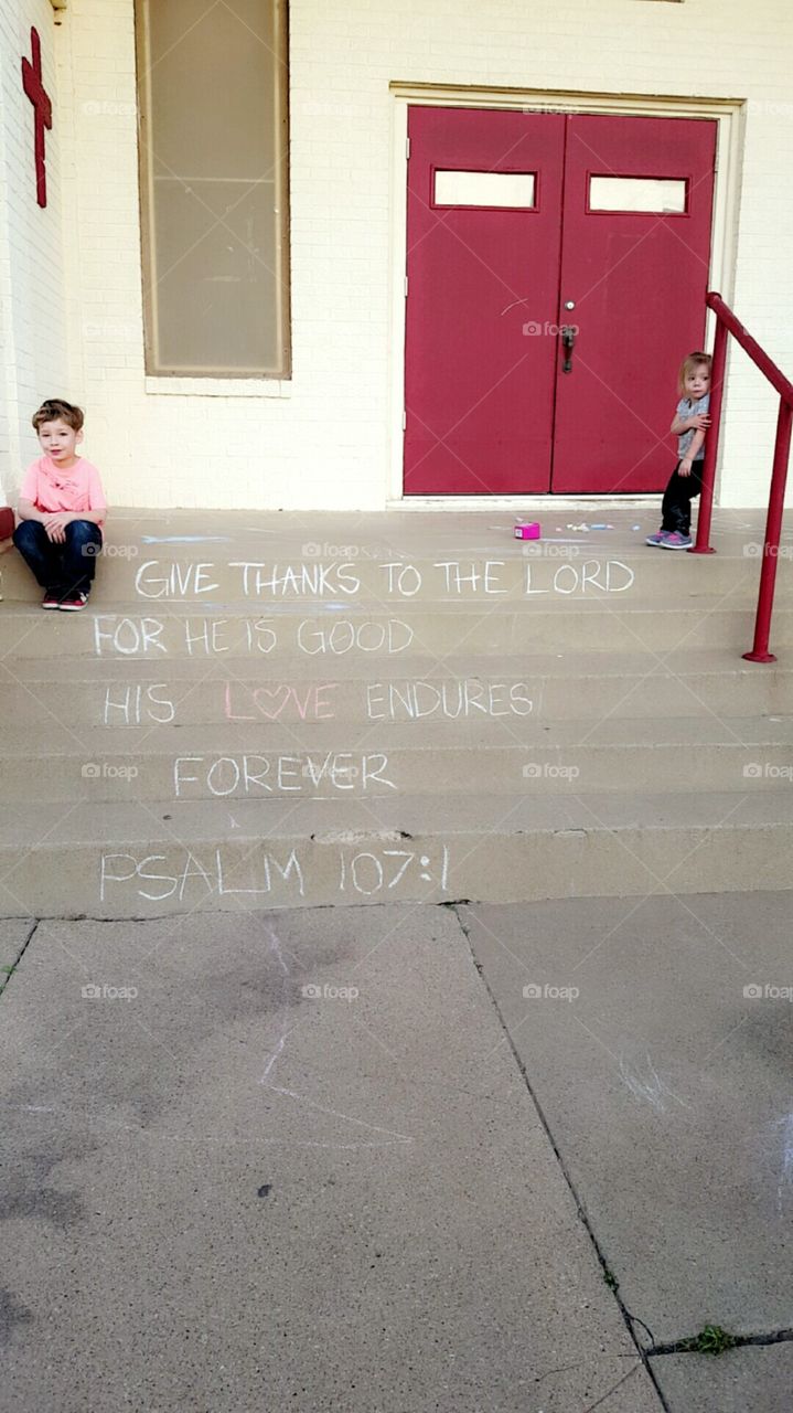 Bible verse. Church stairs. Psalm 107:1