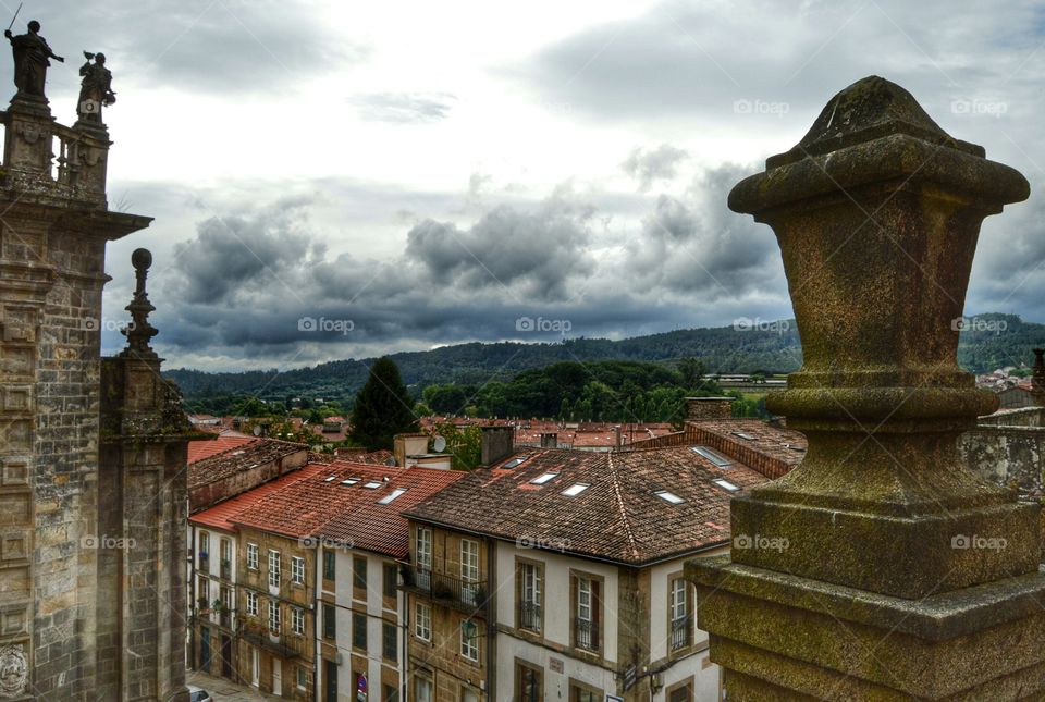 View from Pazo de Raxoi. View of San Frutuoso church and Huertas street from Pazo de Raxoi, Santiago de Compostela