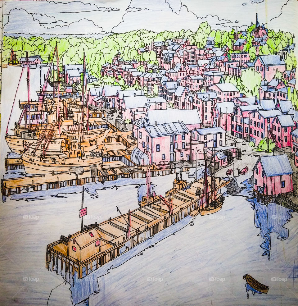 Drawing of sailboat at harbor with houses