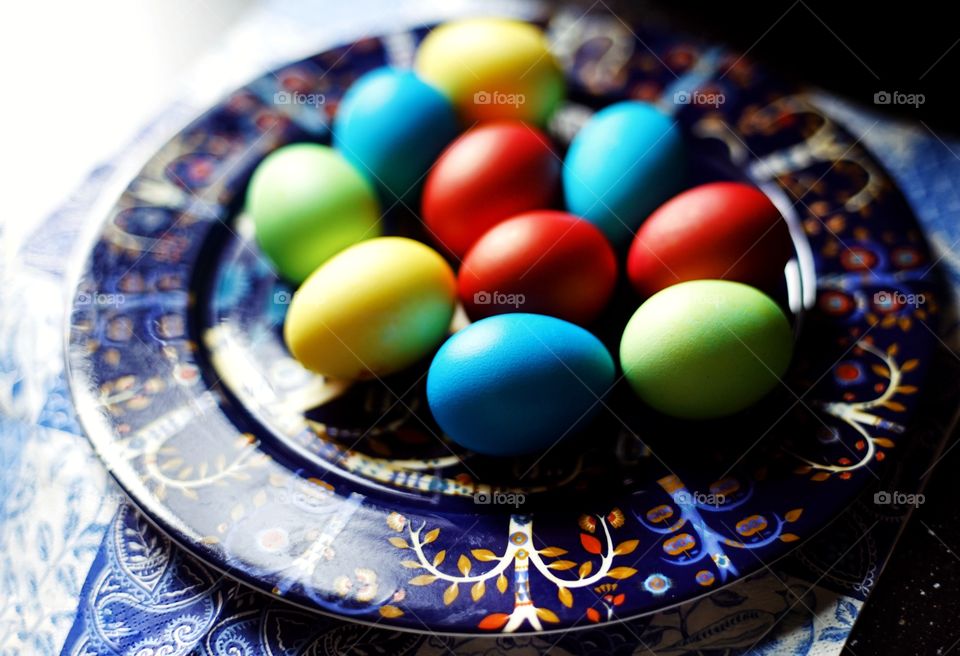 Eggs food plate multicolors close-up easter spring light