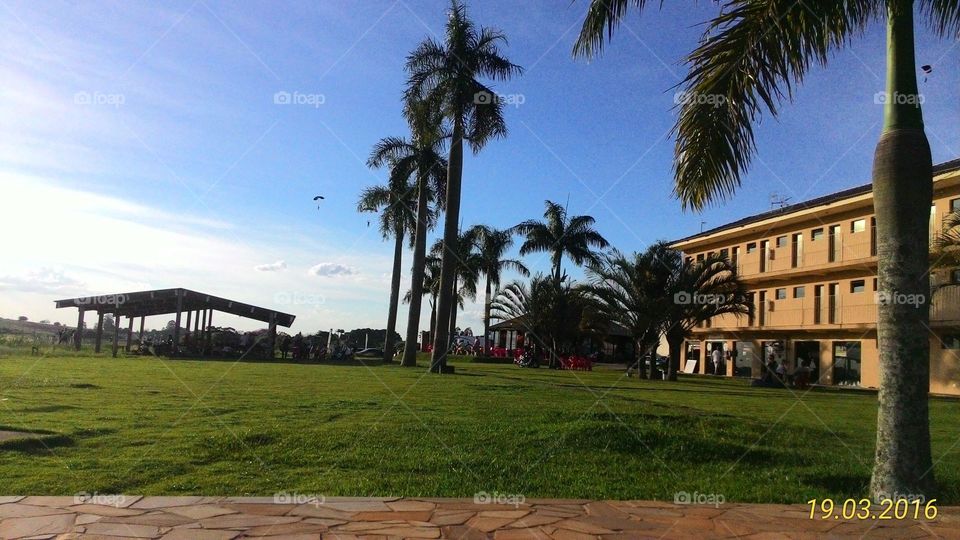 palmeiras e coqueiros em frente a hotel em aérea de paraquedismo com homem de paraquedas voando ao fundo da foto com sol e luz