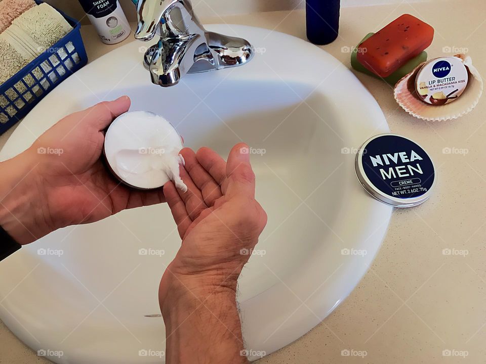 Men using shaving products.