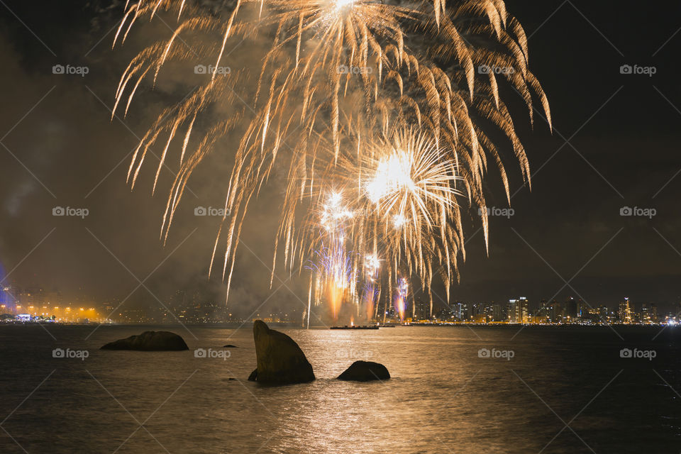 Happy New Year, fireworks in Florianopolis Santa Catarina Brazil.