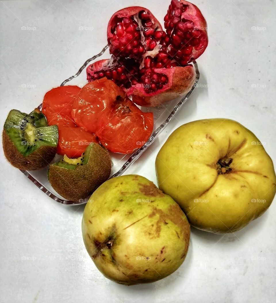 LOVE is taste of ripe fall persimmon ❤️
Quince with its VELVET SHIRT is blinking Pomegranate has no season!! you know why ?! Because when you SMILE it bloom😊 Eating beneficial Kiwi like as bitters of life isn't acceptable for all