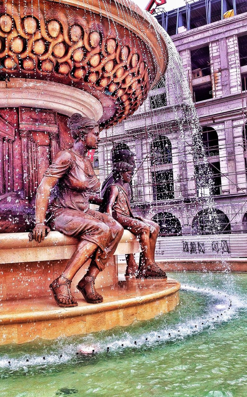 Family at fountain