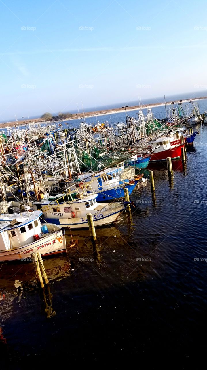 shrimp boats docked on this beautiful day in Biloxi Ms. the lovely contrasting colors makes it extraordinary