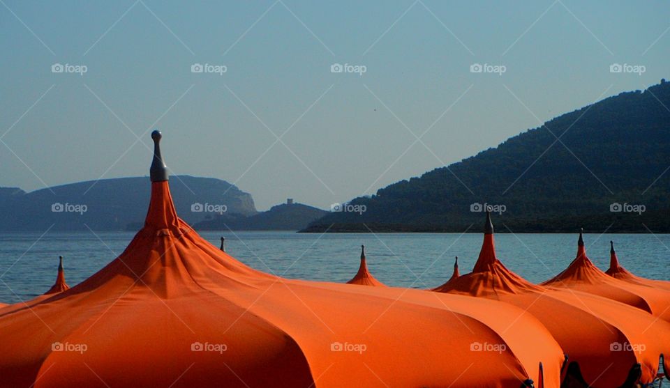 Orange sea umbrellas in a row