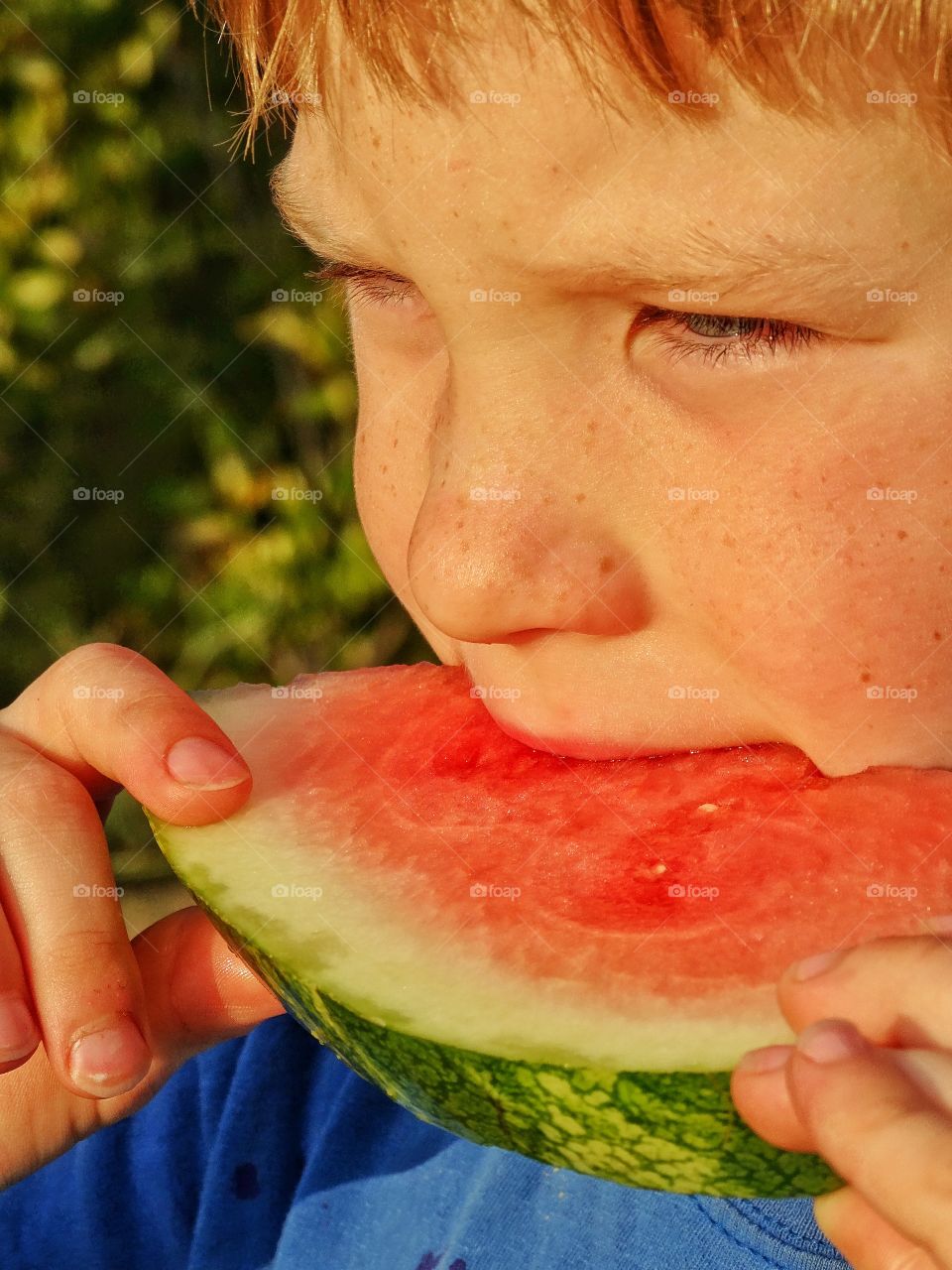 Boy Eating Watermelon. Young Boy Eating Watermelon While Watching Summer Sunset
