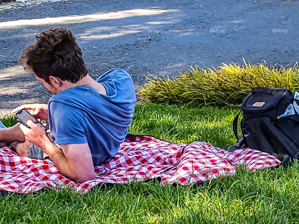 Relaxing for a picnic in the park at the palace of fine arts in San Francisco California on a red checkered Gingham blanket 