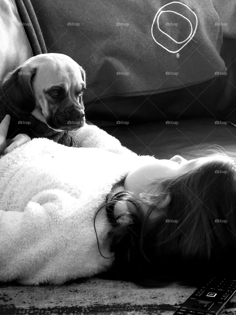 puppy snuggling with child