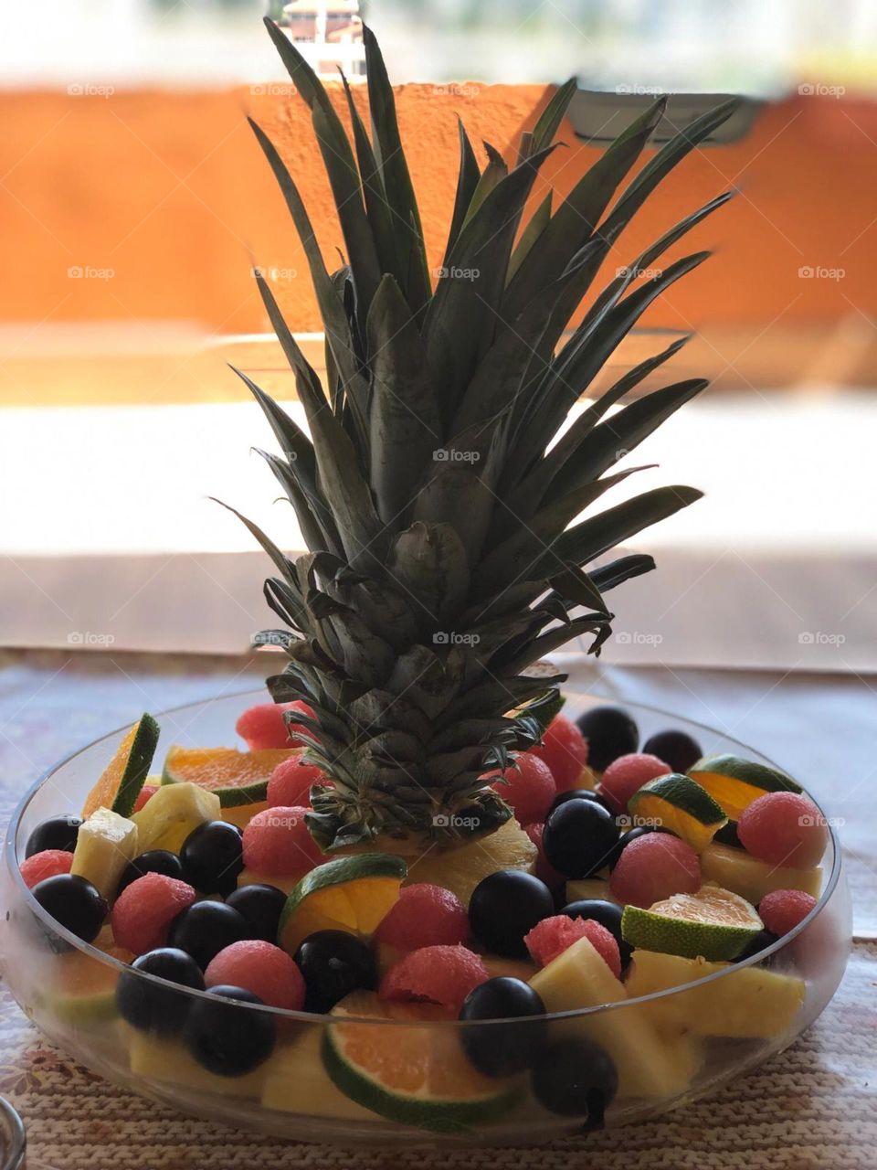 fruit salad with pineapple leaves