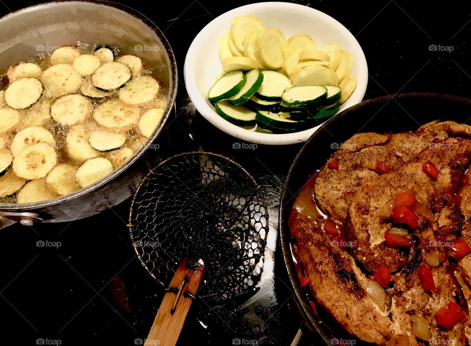 Courgette & Yellow Fried Squash With Tenderized Chicken Breast With Re and Green Bell Pepper From My Garden And Onion, garlic, and White Wine