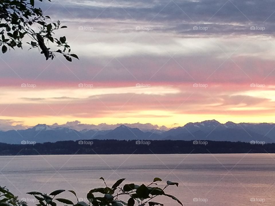 Olympic Mountains and Puget Sound under a twilight sky
