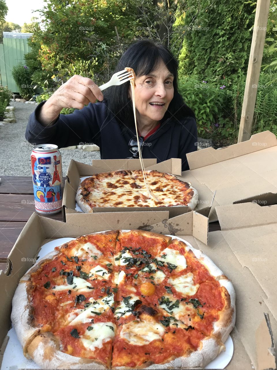 Having pizza with mom in door county Wisconsin 