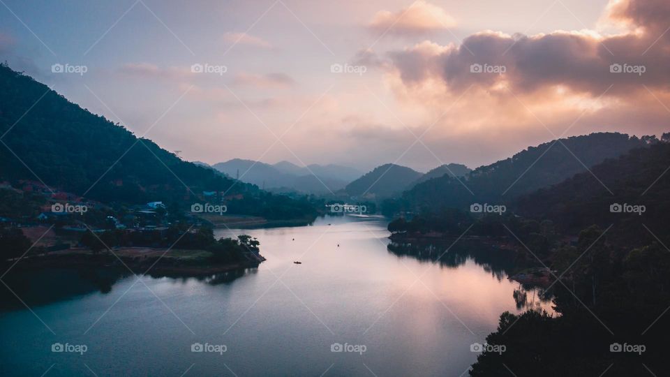 Pink sunrise over the lake 