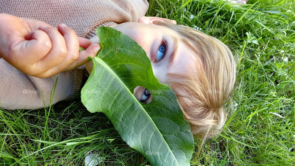 little boy with a leaf on his face