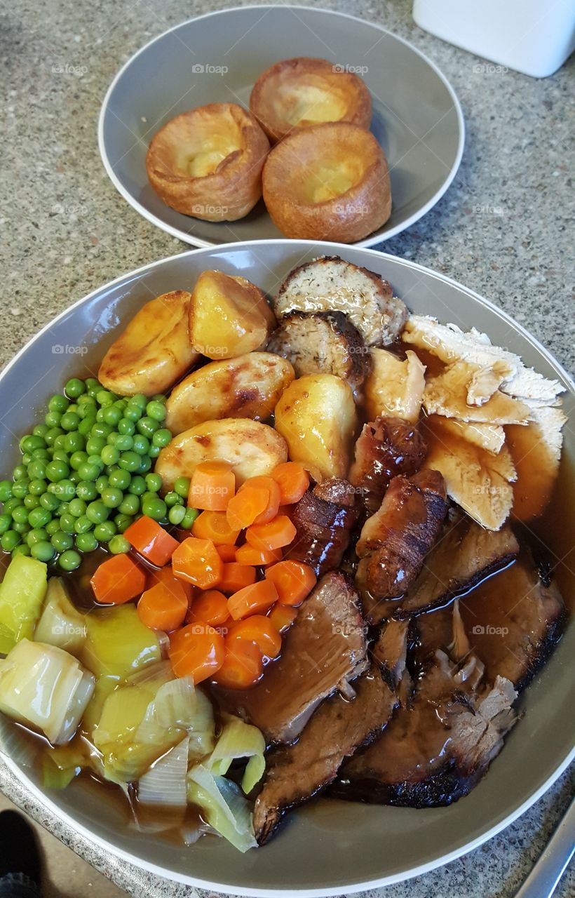 Roast dinner with Yorkshire puddings