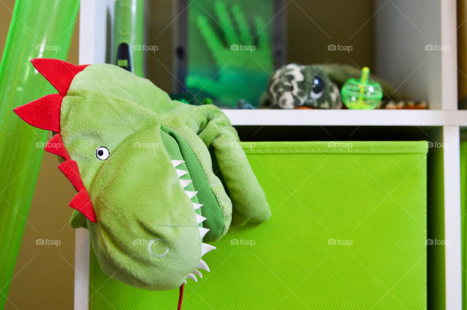 Child's green toys on a book shelf