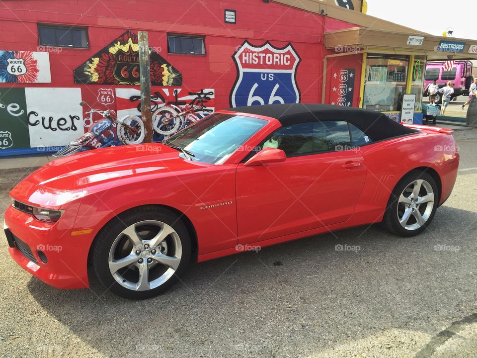 Red Mustang. Red Mustang on the route 66