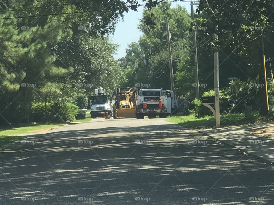 Road construction in a subdivision neighborhood blocking the roadway