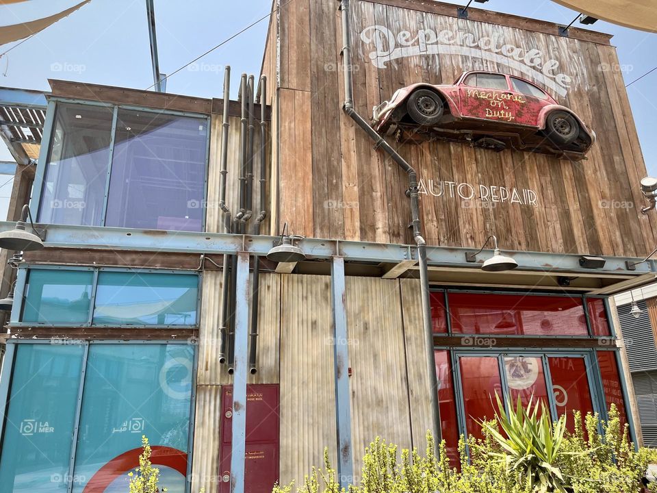 View of a Dubai seaside tourist area in American retro style