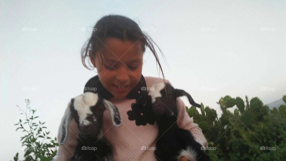 Beautiful girl holding two nice goats