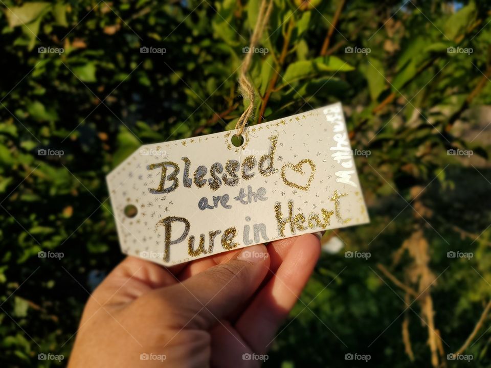 Hand holding bible verse tag hanging from tree:  Blessed are the pure at heart.