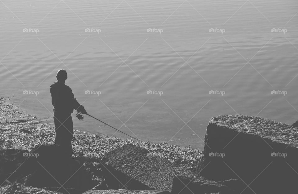 Fisherman Casting his Line, Fisherman By The Water, Monochrome Portrait Of A Fisherman, Black And White Fisherman, Fishing In The Lake