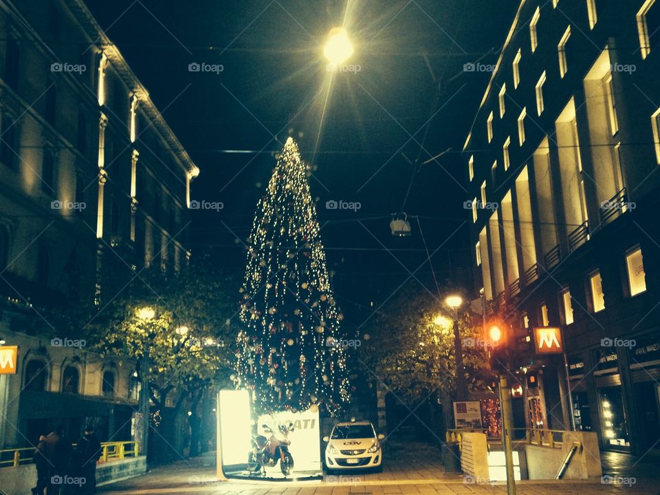 Christmas tree at night outside 