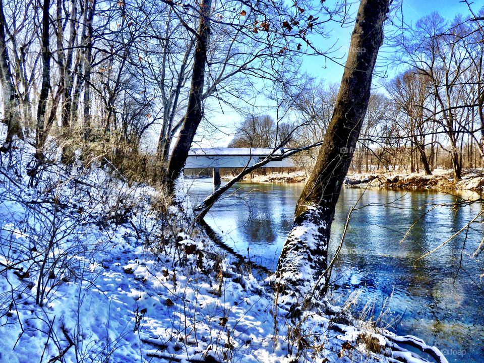 Winter view at the covered bridge 

