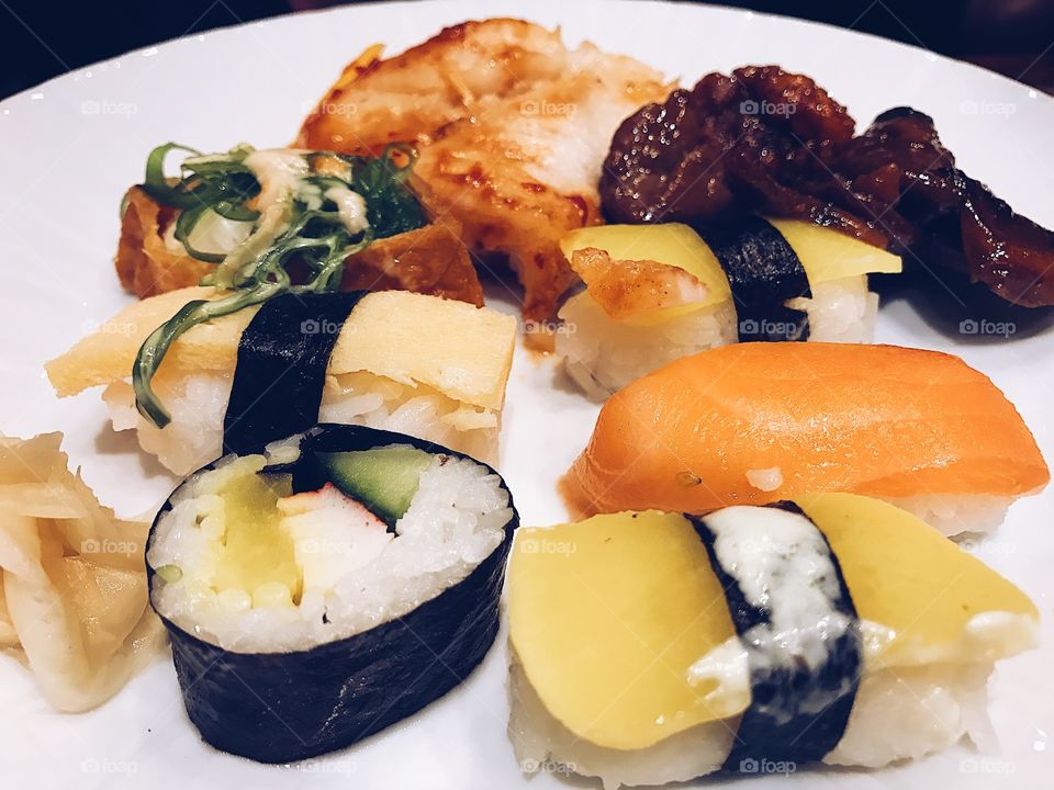 Close-up of fresh sushi in plate